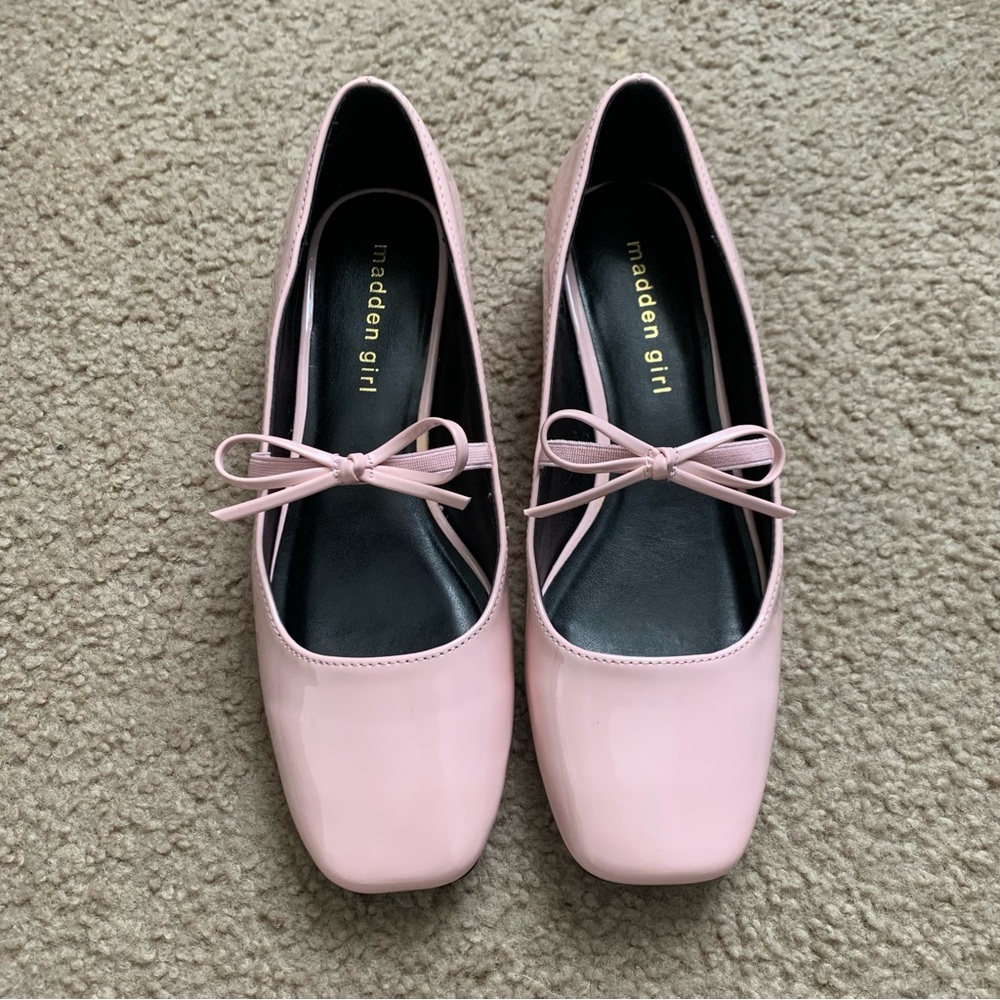 Madden Girl Egret Block Heel Mary Jane Pink Patent Bow Ballet Flats